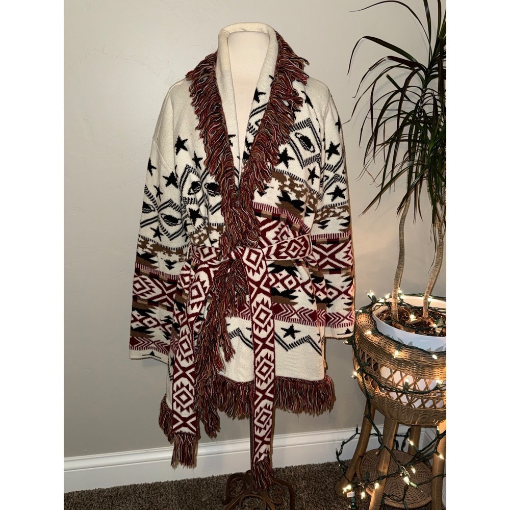 Scotch Soda Amsterdam Bohemian Aztec Star Fringe Kimono Cardigan Sweater - Picture 2 of 15